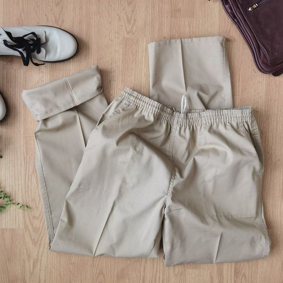 Khaki Elastic Waist 90s Pleated Trousers High Waist Pants Grandmacore - Picture 1 of 3